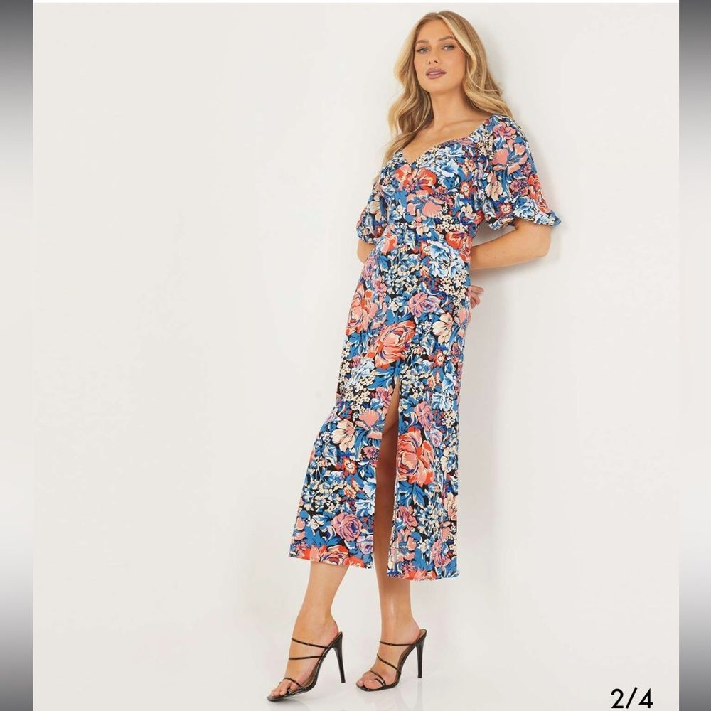QUIZ Brand Retro Floral Puff Sleeve MIDI Dress with Slit Sz 6 Pretty Sundress